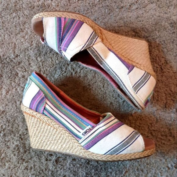 TOMS Women's Classic Espadrille Wedge Sandal Open Toe Striped Woven 7.5 PREOWNED - Picture 1 of 6